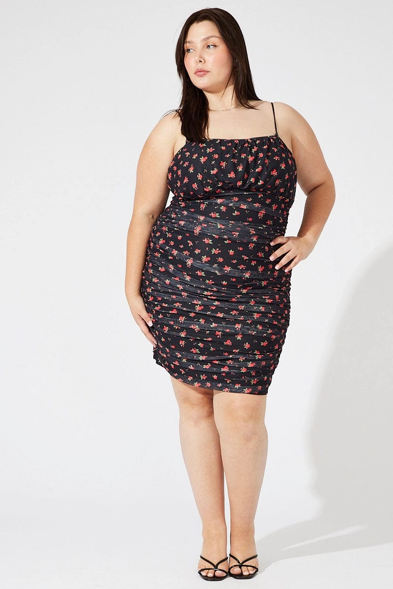 Empire Waist Red Ditsy Mesh Ruched Dress