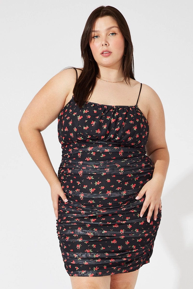 Daily Mood Red Ditsy Mesh Ruched Dress