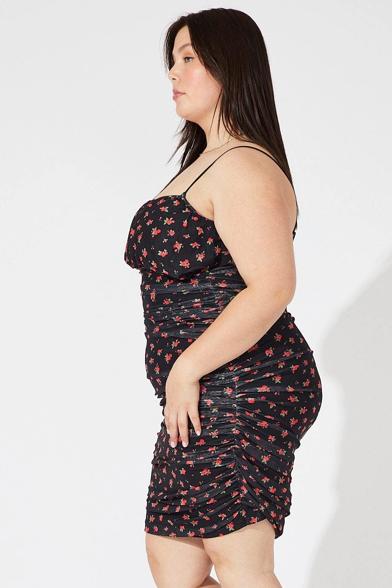 Ombre-Effect Front Detail Red Ditsy Mesh Ruched Dress