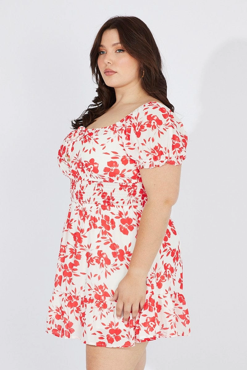 Red Floral Fit And Flare Dress Short Sleeve Ruched Bust City Bright Trendy Fit
