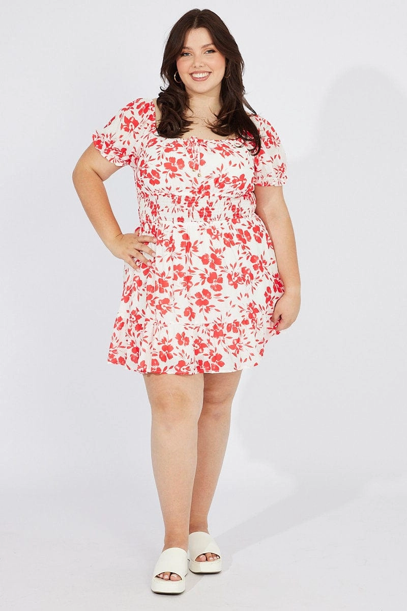 Red Floral Fit And Flare Dress Short Sleeve Ruched Bust Weekend Fresh