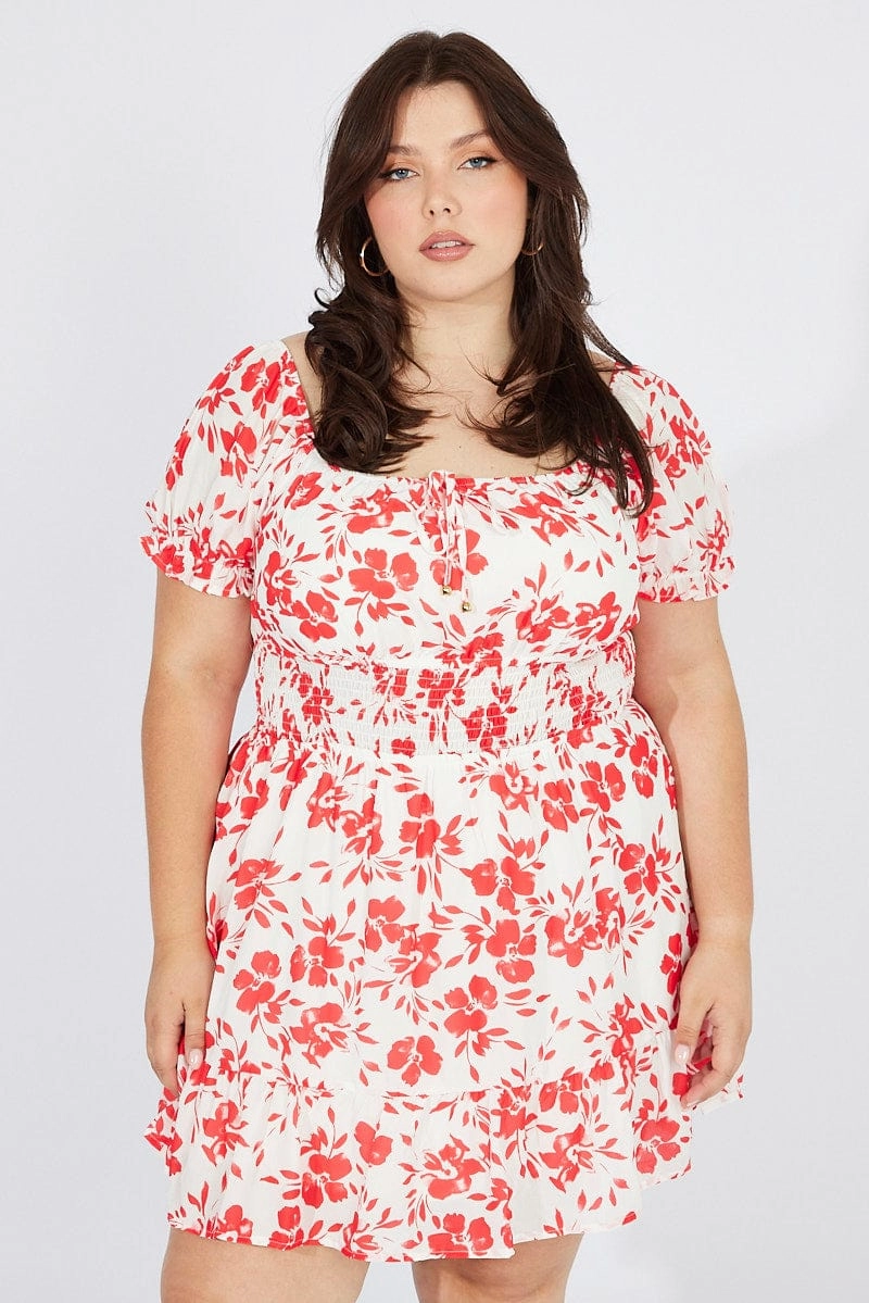 Red Floral Fit And Flare Dress Short Sleeve Ruched Bust Refined Mood FadeResistantColor