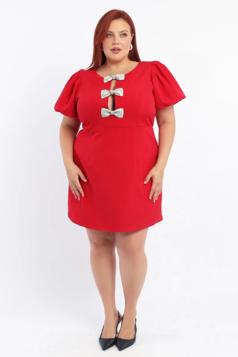 Red Sparkle Bow Minidress Short Sleeve Fresh Motion Seasonal Layering