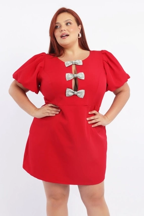 Stylish party wear Red Sparkle Bow Minidress Short Sleeve