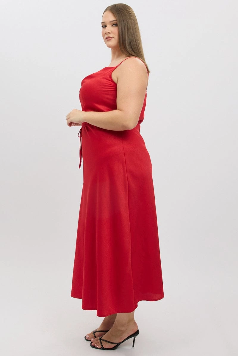 Office Shape Red Strappy Cowl Neck Satin Bias Slip Dress