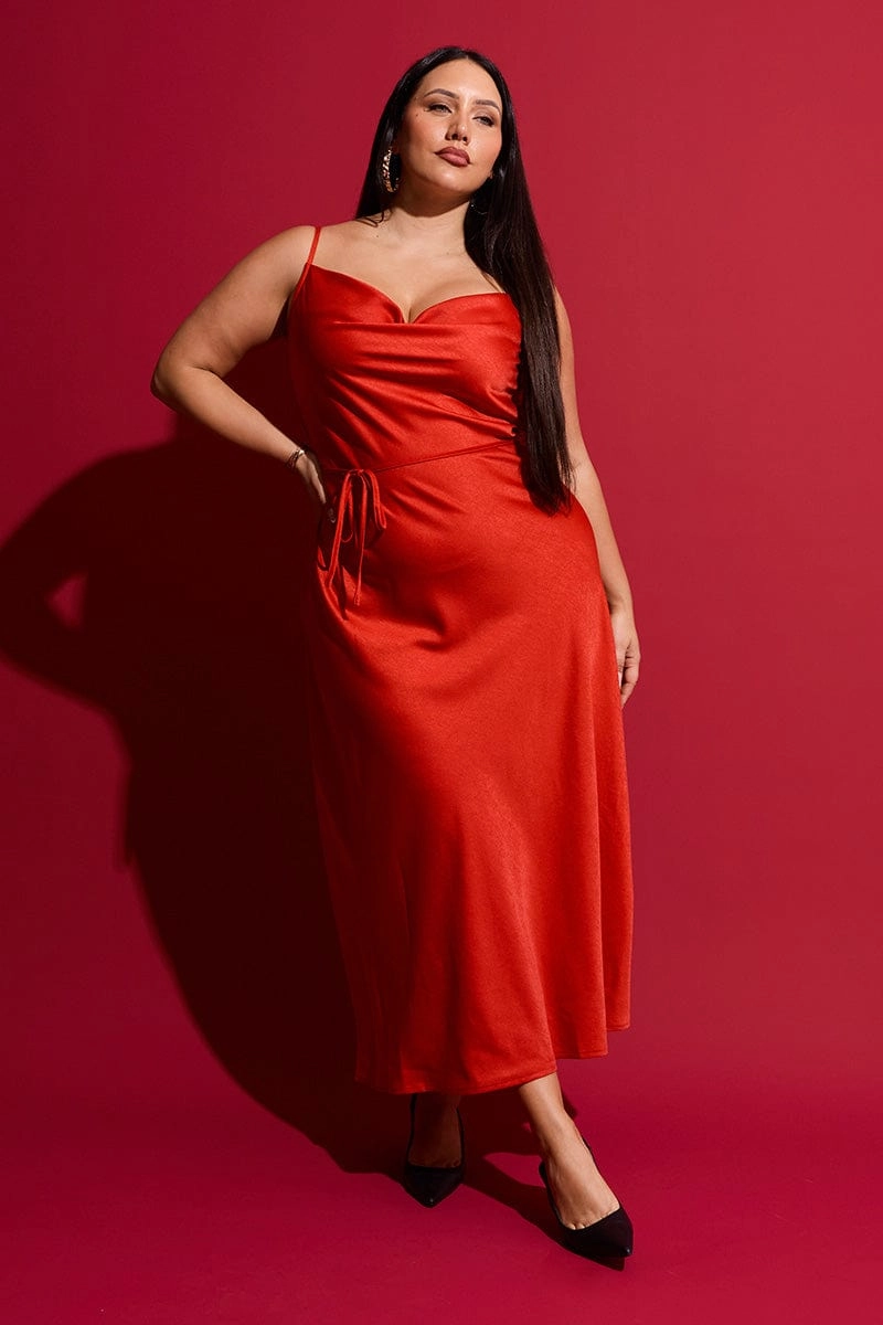 Sharp Motion Shine Skin Red Strappy Cowl Neck Satin Bias Slip Dress