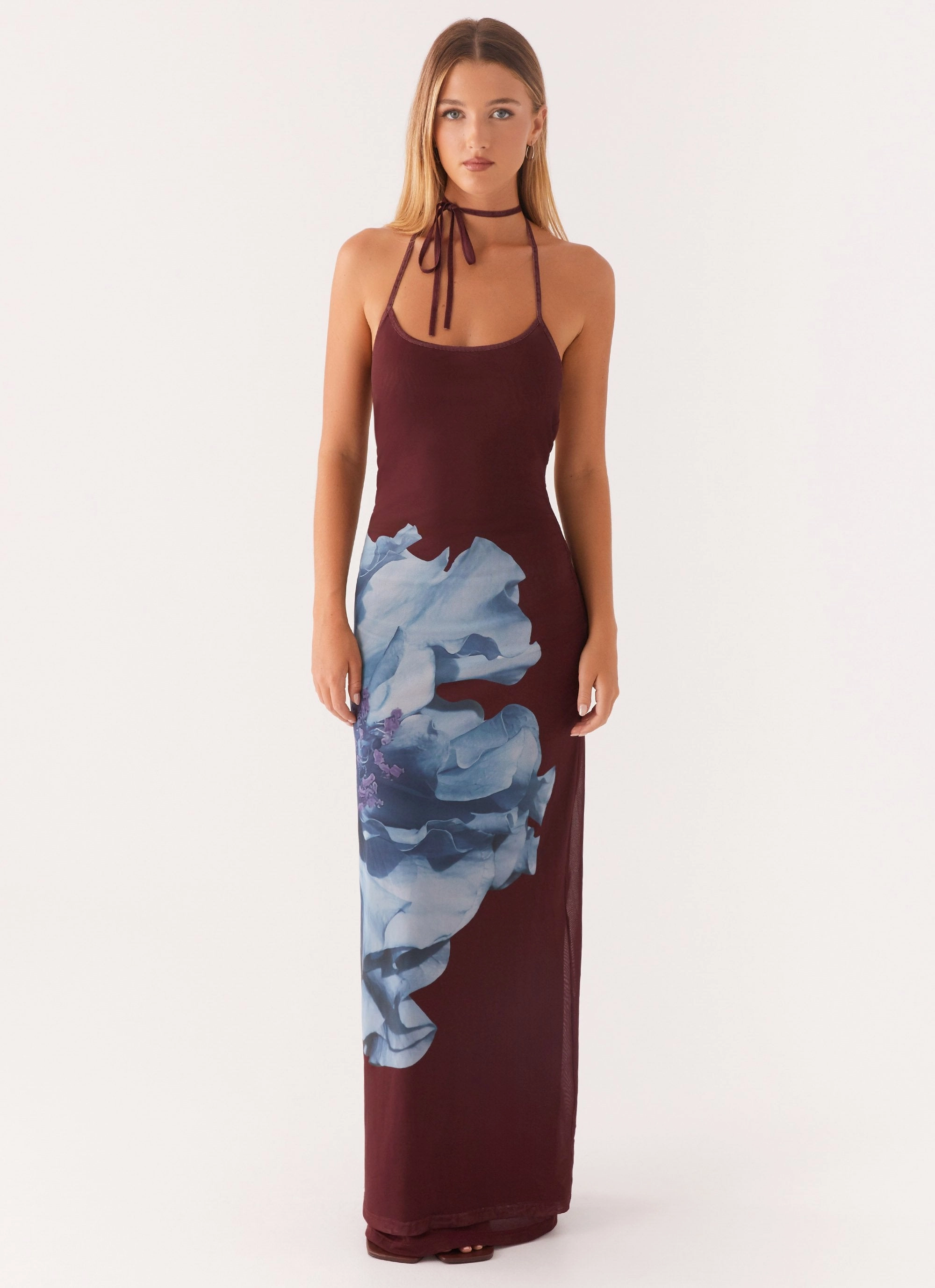 Modern Lines Dayana Halterneck Maxi Dress - Maroon Print