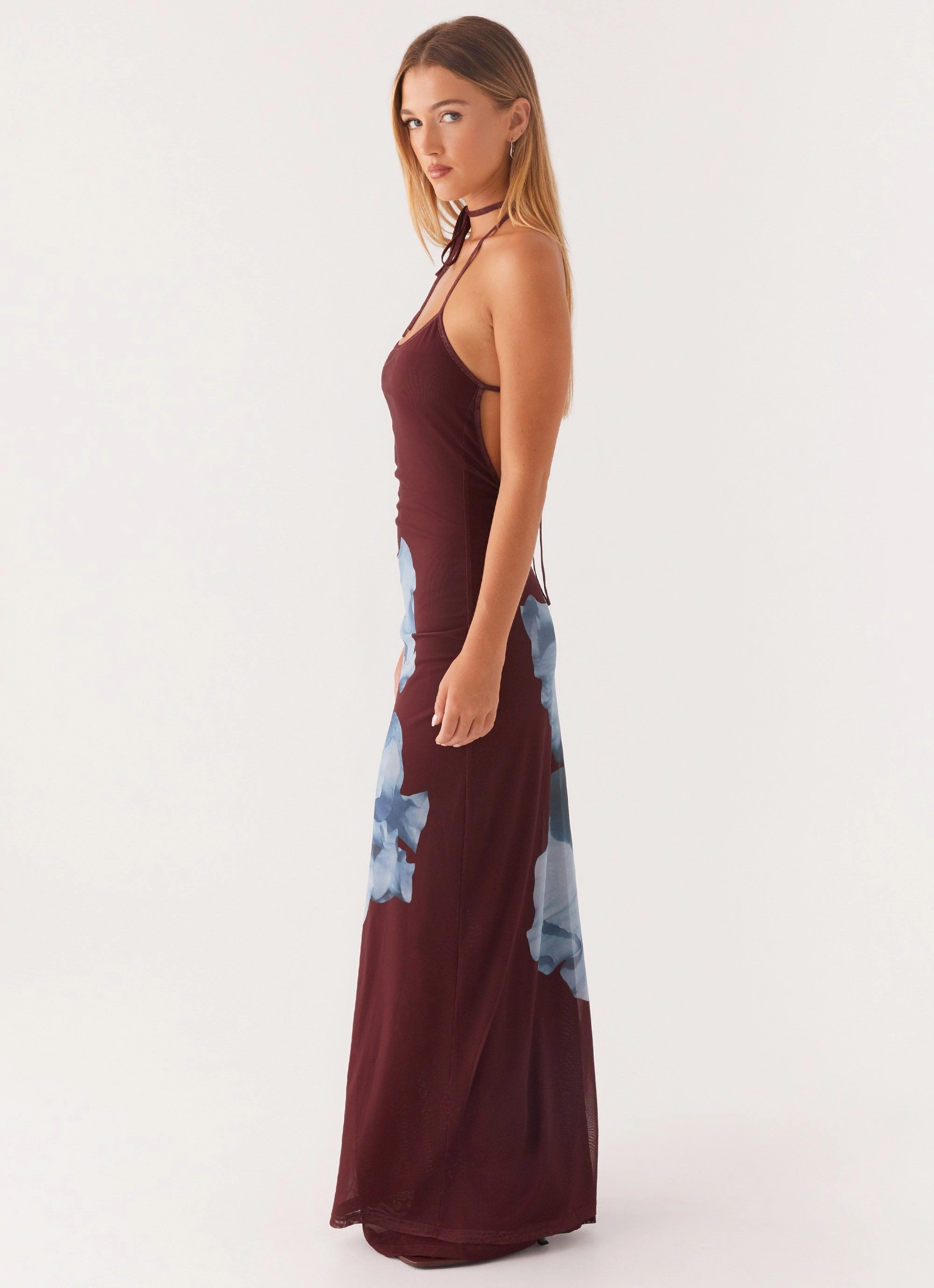 Move Easy Work Vibe Dayana Halterneck Maxi Dress - Maroon Print