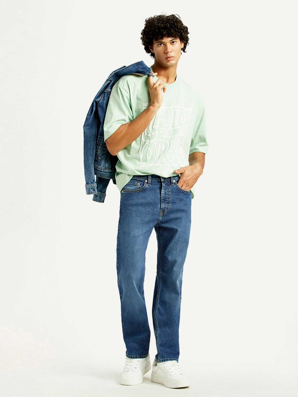 Men's 505 Med Indigo Straight Fit Mid Rise Jeans Soft Finish Travel Outfit Evening Stroll Minimalist