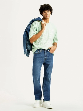 Men's 505 Med Indigo Straight Fit Mid Rise Jeans Soft Finish Travel Outfit Evening Stroll Minimalist