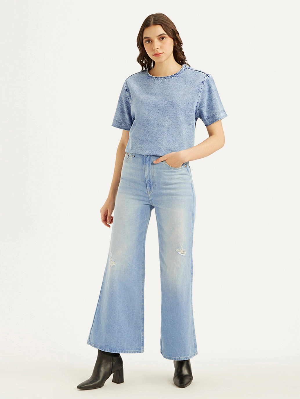 Women's Blue Ribcage Bell Bottom Wide Leg Fit High Rise Jeans Party Look Earthy Sustainable Evening Stroll Casual