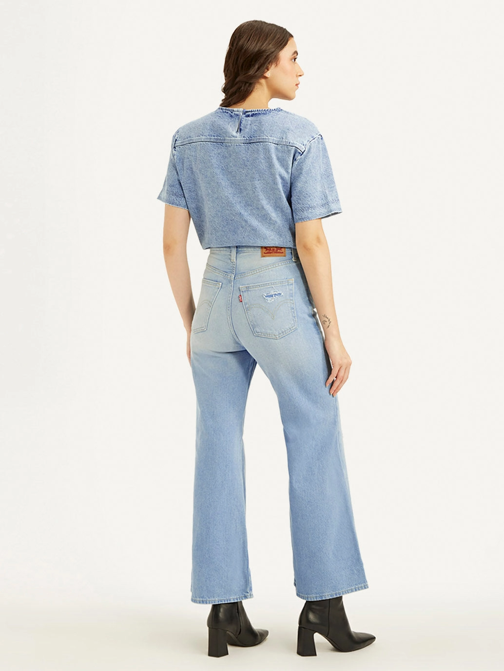 Women's Blue Ribcage Bell Bottom Wide Leg Fit High Rise Jeans Night Out Bold Look