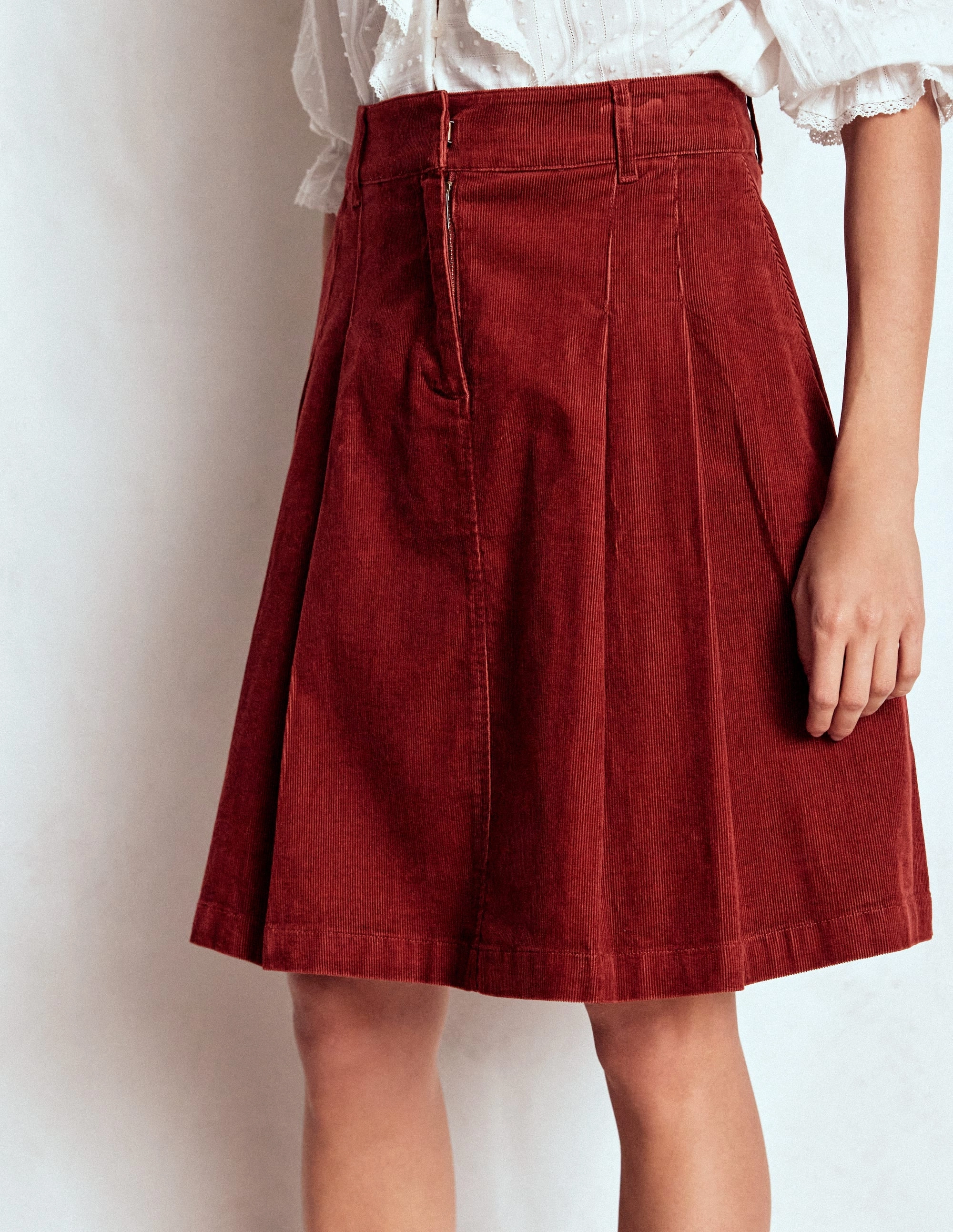 Pleated Cord Skirt-Fired Brick Occasion Dressing Non Restrictive Fit