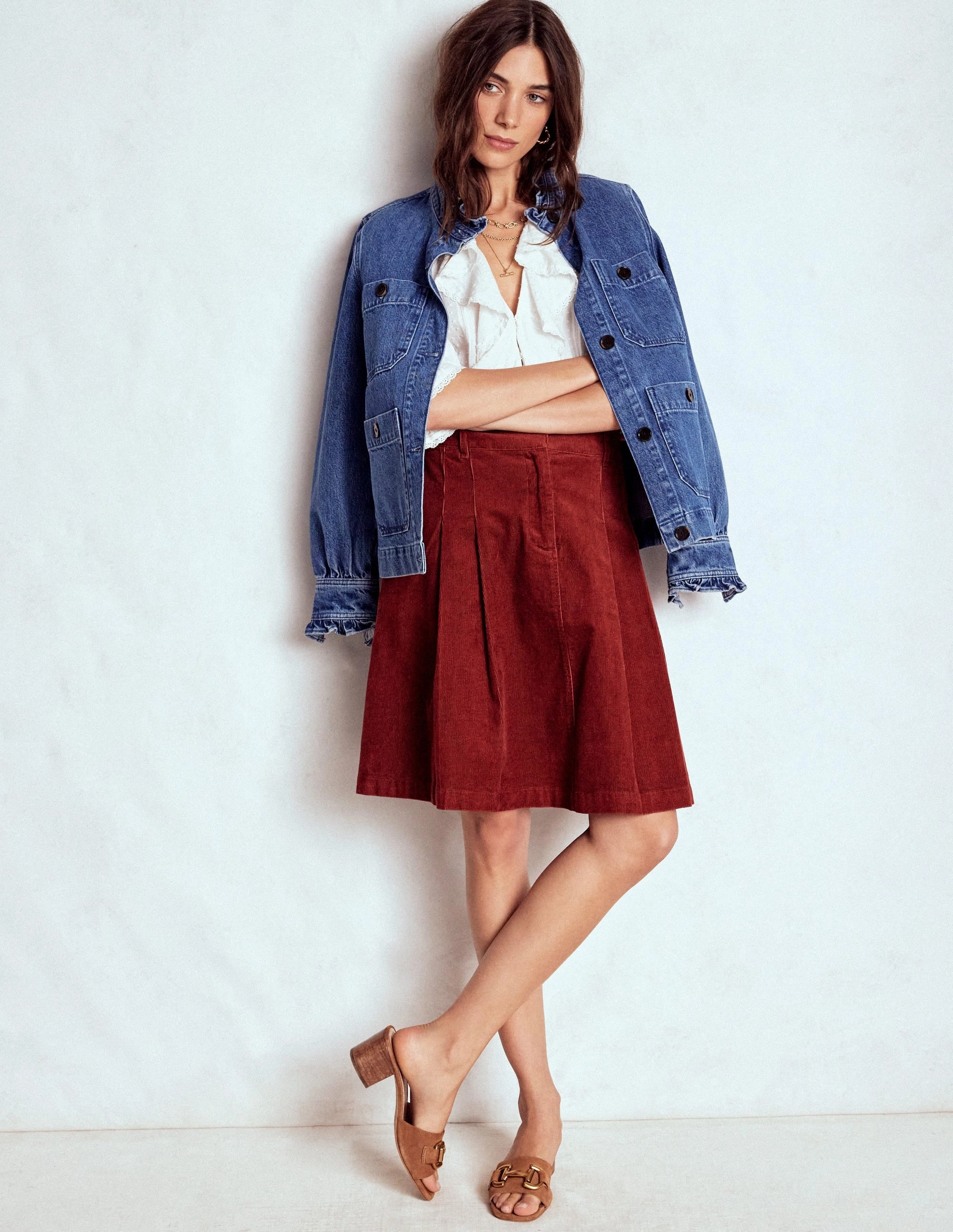 Outfit Flow Pleated Cord Skirt-Fired Brick