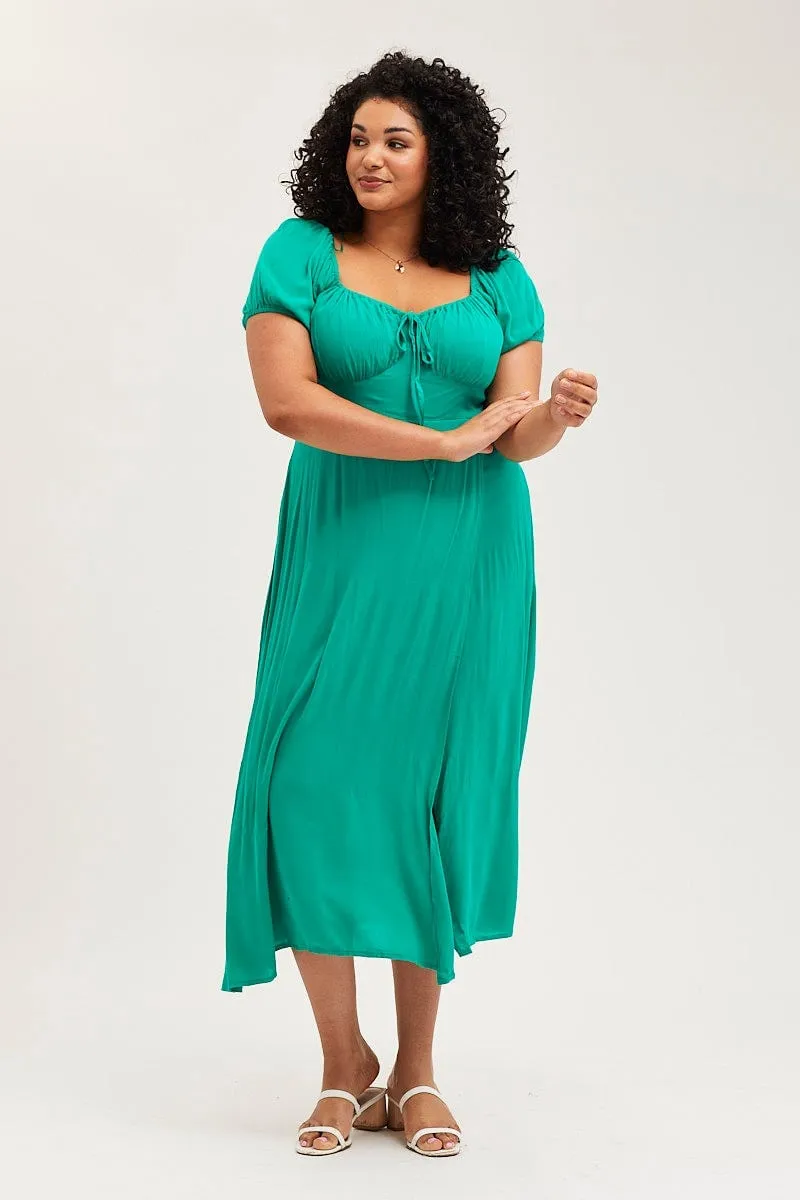 Easy Draping Green Maxi Dress Scoop Neck Short Sleeve Front Split