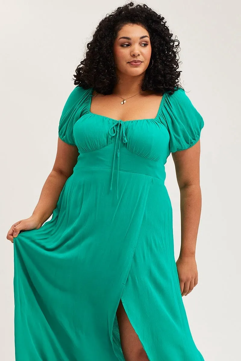 Comfort waistband Sleek Comfort Green Maxi Dress Scoop Neck Short Sleeve Front Split
