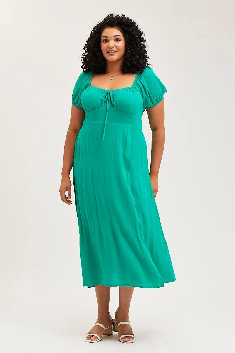 Green Maxi Dress Scoop Neck Short Sleeve Front Split Crisp Silhouette