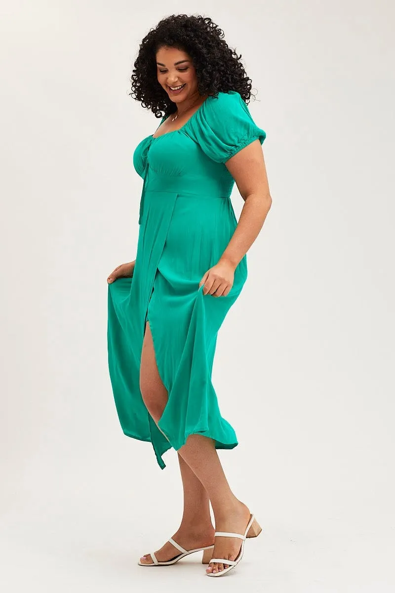 Green Maxi Dress Scoop Neck Short Sleeve Front Split Walk Mood