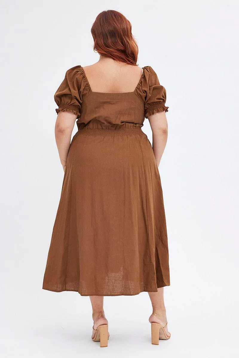 Timeless Fashion Flawless Waist Fit Brown Tie Front Button Midi Dress