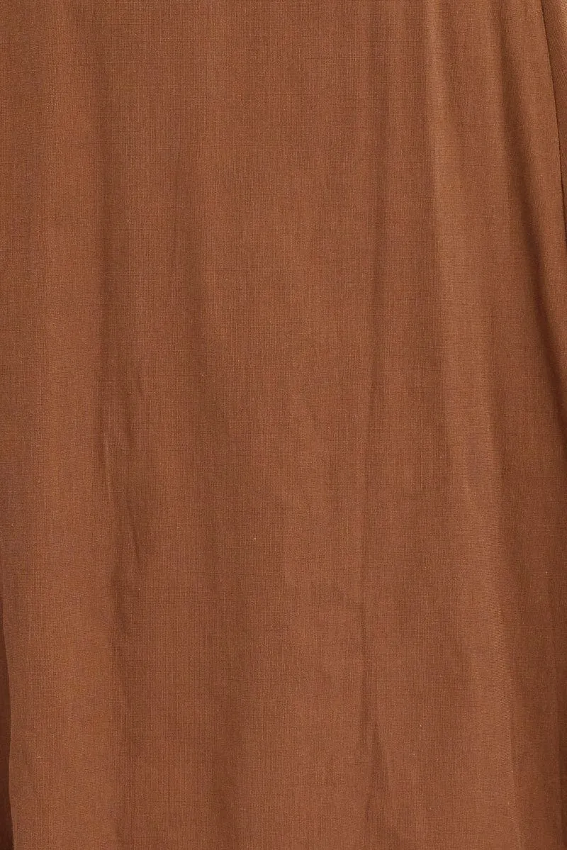 Brown Tie Front Button Midi Dress Silky Form Pleated design