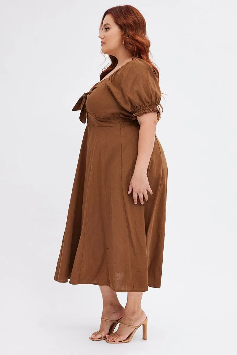 Button Chic Brown Tie Front Button Midi Dress