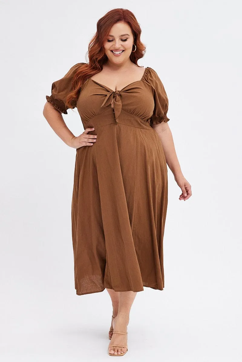 Style focused Lightweight Wear Brown Tie Front Button Midi Dress