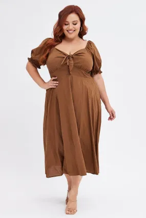 Style focused Lightweight Wear Brown Tie Front Button Midi Dress