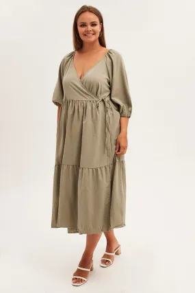 Trendy Layering Green Maxi Dress Wrap Short Sleeve