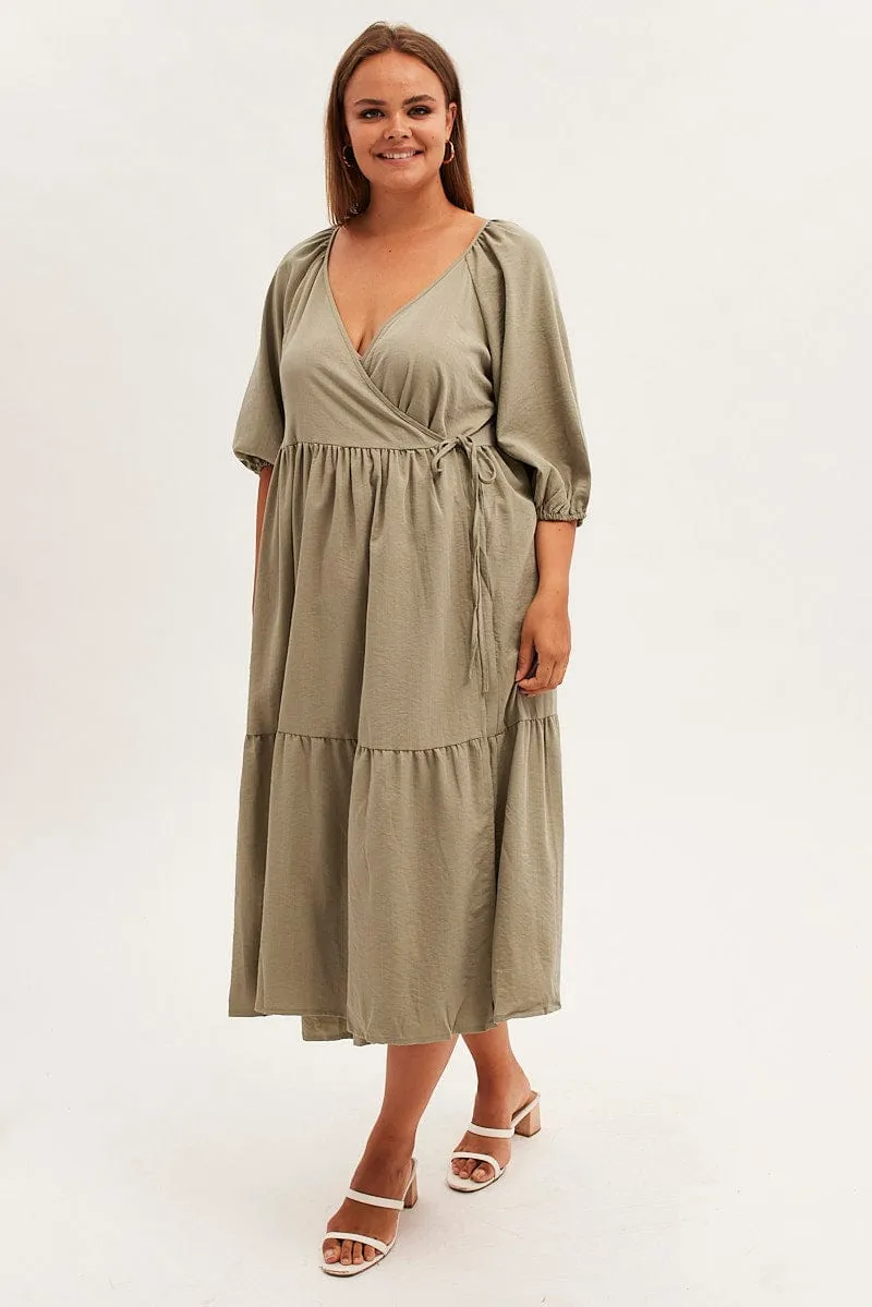 Trendy Layering Green Maxi Dress Wrap Short Sleeve