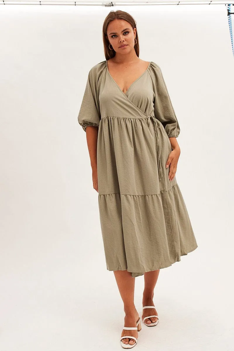 Green Maxi Dress Wrap Short Sleeve Texture Rich Happy Fit
