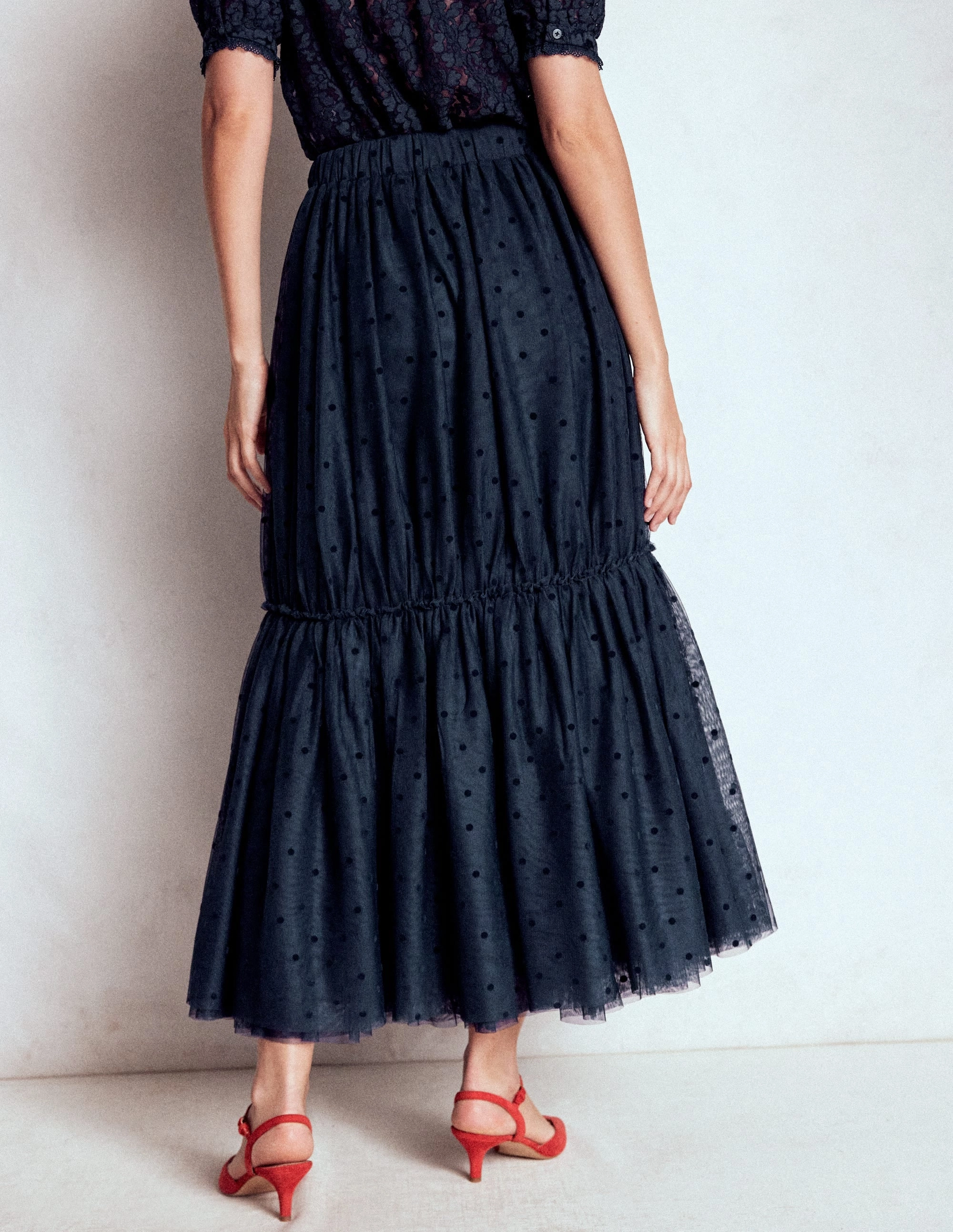 Minimalist fashion Anna Tulle Midi Skirt-Navy Flocked Spot