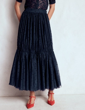 Neutral palette Anna Tulle Midi Skirt-Navy Flocked Spot