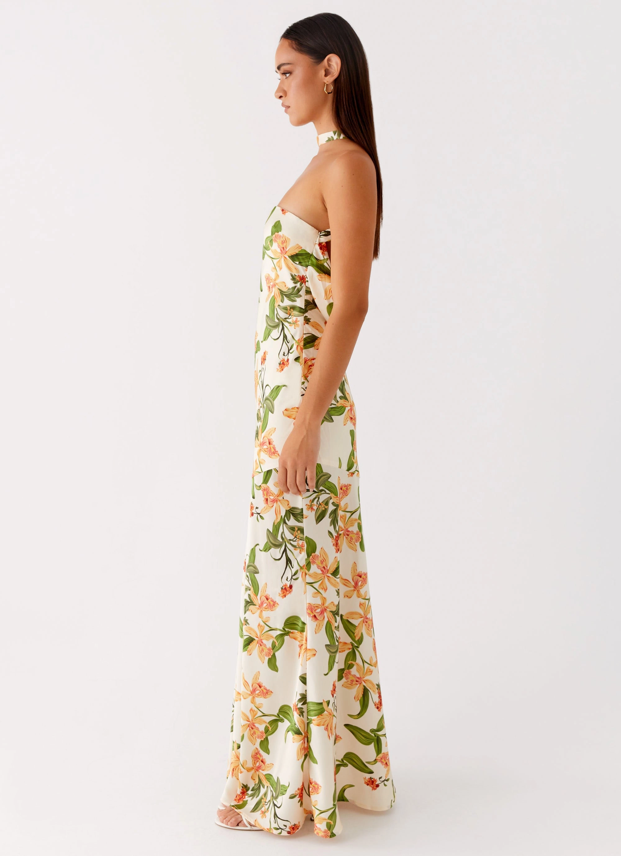 Damali Satin Maxi Dress - Floral Print Smooth Drape