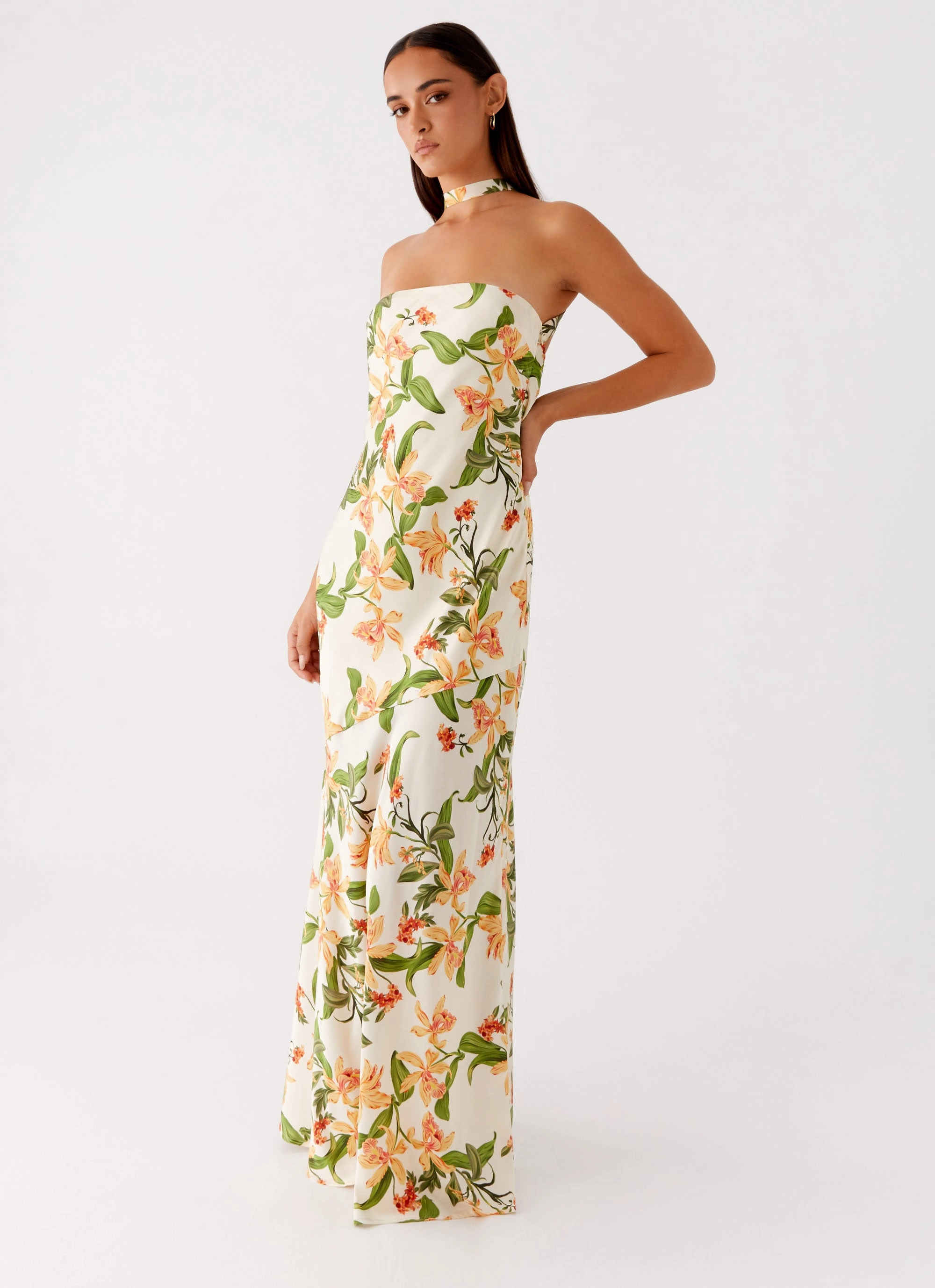 Lined interior Damali Satin Maxi Dress - Floral Print
