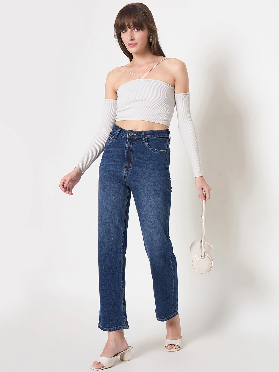 Madame Cotton Blend Rolled Hem Dark Blue Straight Denim Jeans Softened Fabric All Season Style