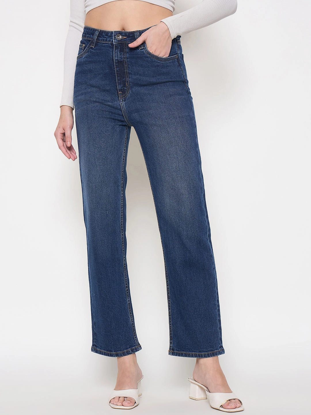 Madame Cotton Blend Rolled Hem Dark Blue Straight Denim Jeans Fall Outfit Light Layers