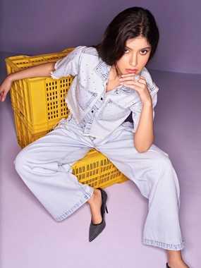 Minimalist Adult Fashion Madame Shanaya Kapoor Side Strings Ice Blue Wide Leg Jeans