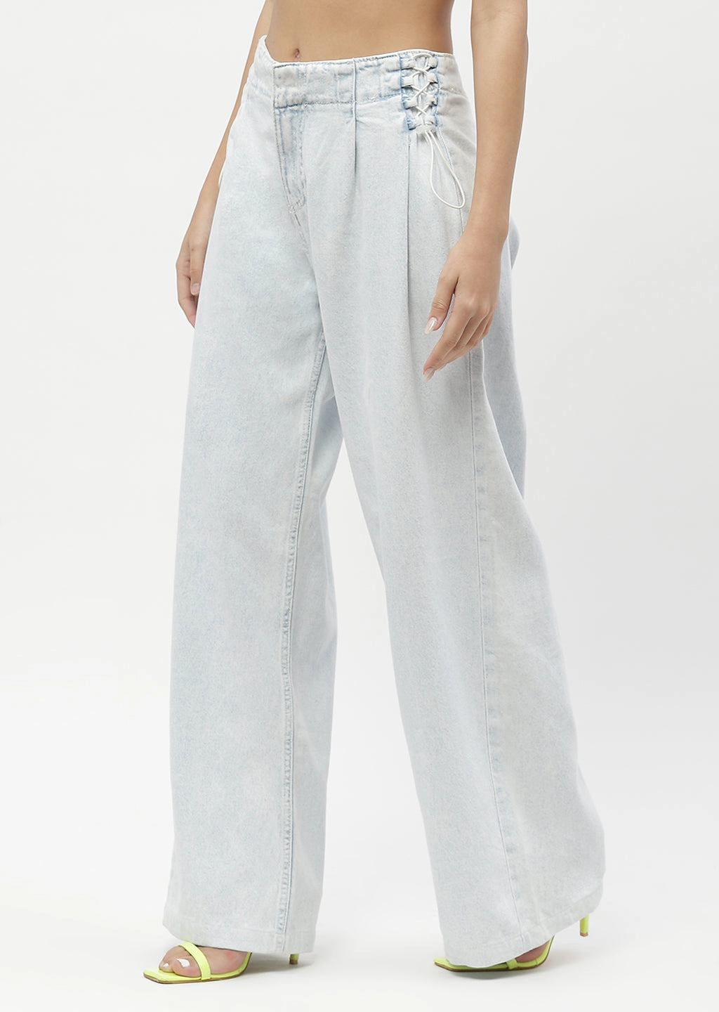 Abrasion Resistant Denim Relaxed Look Madame Shanaya Kapoor Side Strings Ice Blue Wide Leg Jeans