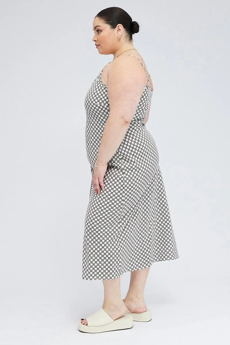 Brown Geo Midi Slip Dress Linen Blend Fitted Base Tailored Layers