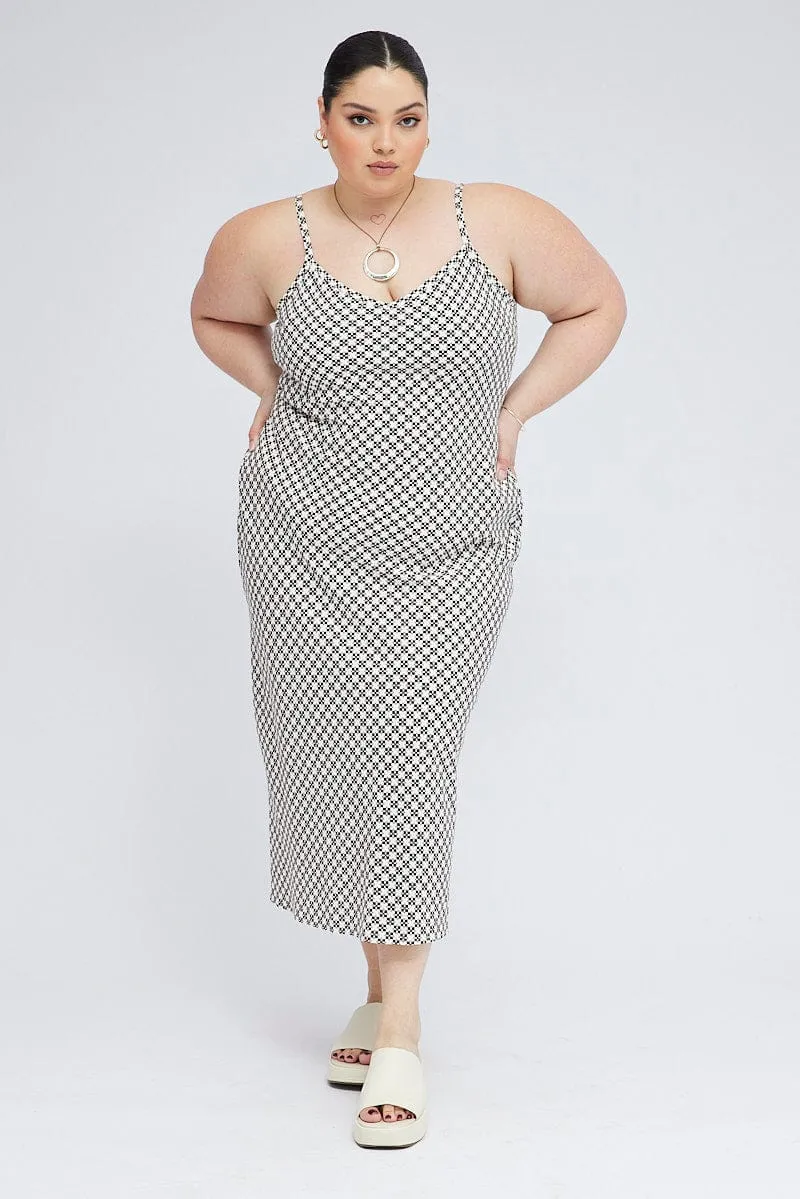 Brown Geo Midi Slip Dress Linen Blend Light material