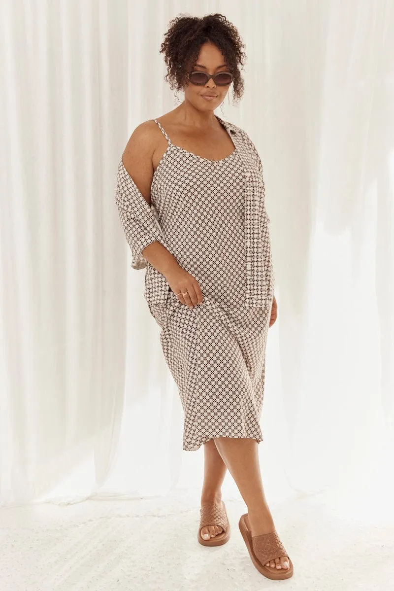 Brown Geo Midi Slip Dress Linen Blend Smocked-Detail