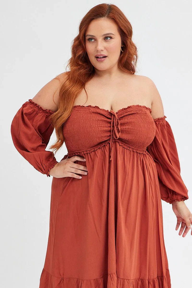Soft Pleats Sleek Volume Rust Midi Dress Off Shoulder Shirred
