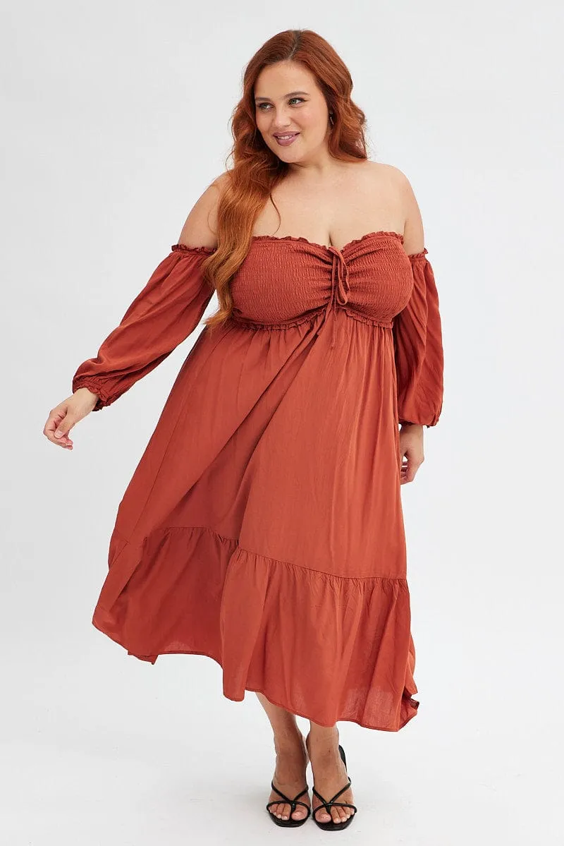 Body Confidence SeamlessConstruction Rust Midi Dress Off Shoulder Shirred
