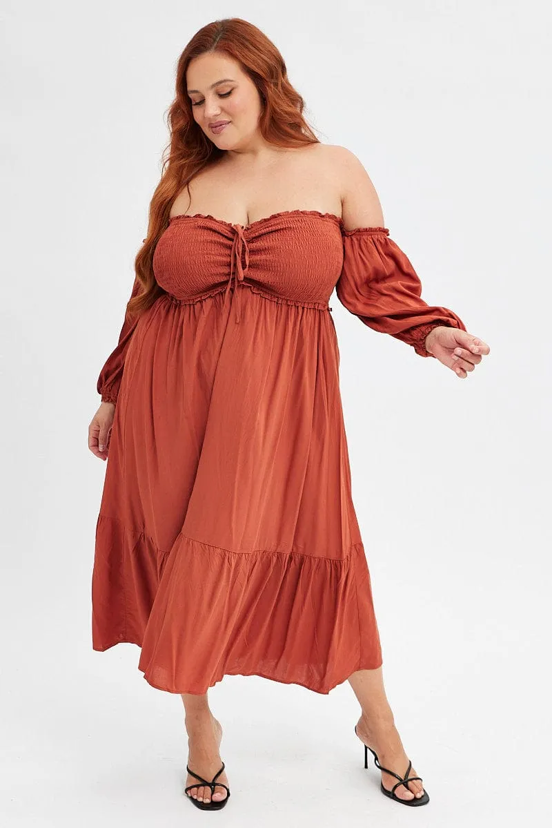 Soft And Comfortable Sharp Style Rust Midi Dress Off Shoulder Shirred