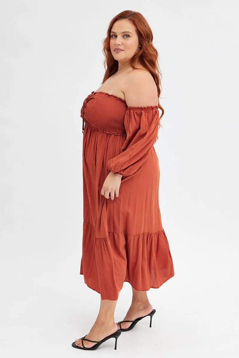 Lunch Date Rust Midi Dress Off Shoulder Shirred