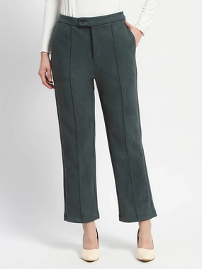 Madame Solid Green Pleated Gurkha Trousers FunctionalZipper Thermal Regulating