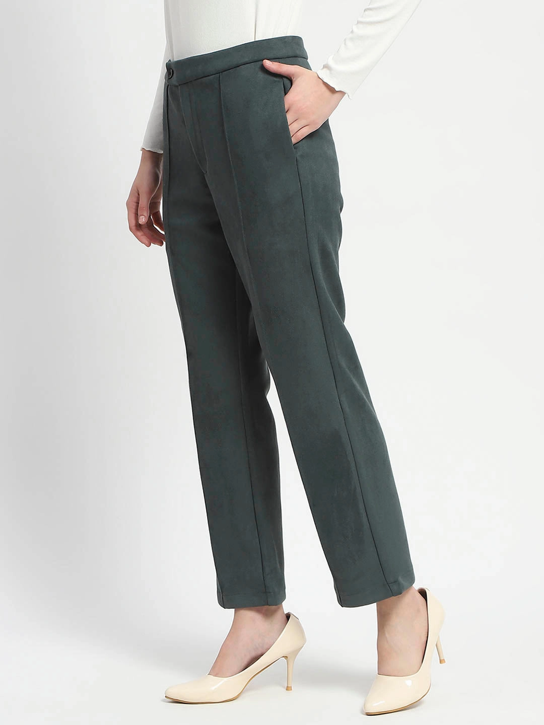 Breathable Performance Wear Outdoor Lifestyle Madame Solid Green Pleated Gurkha Trousers