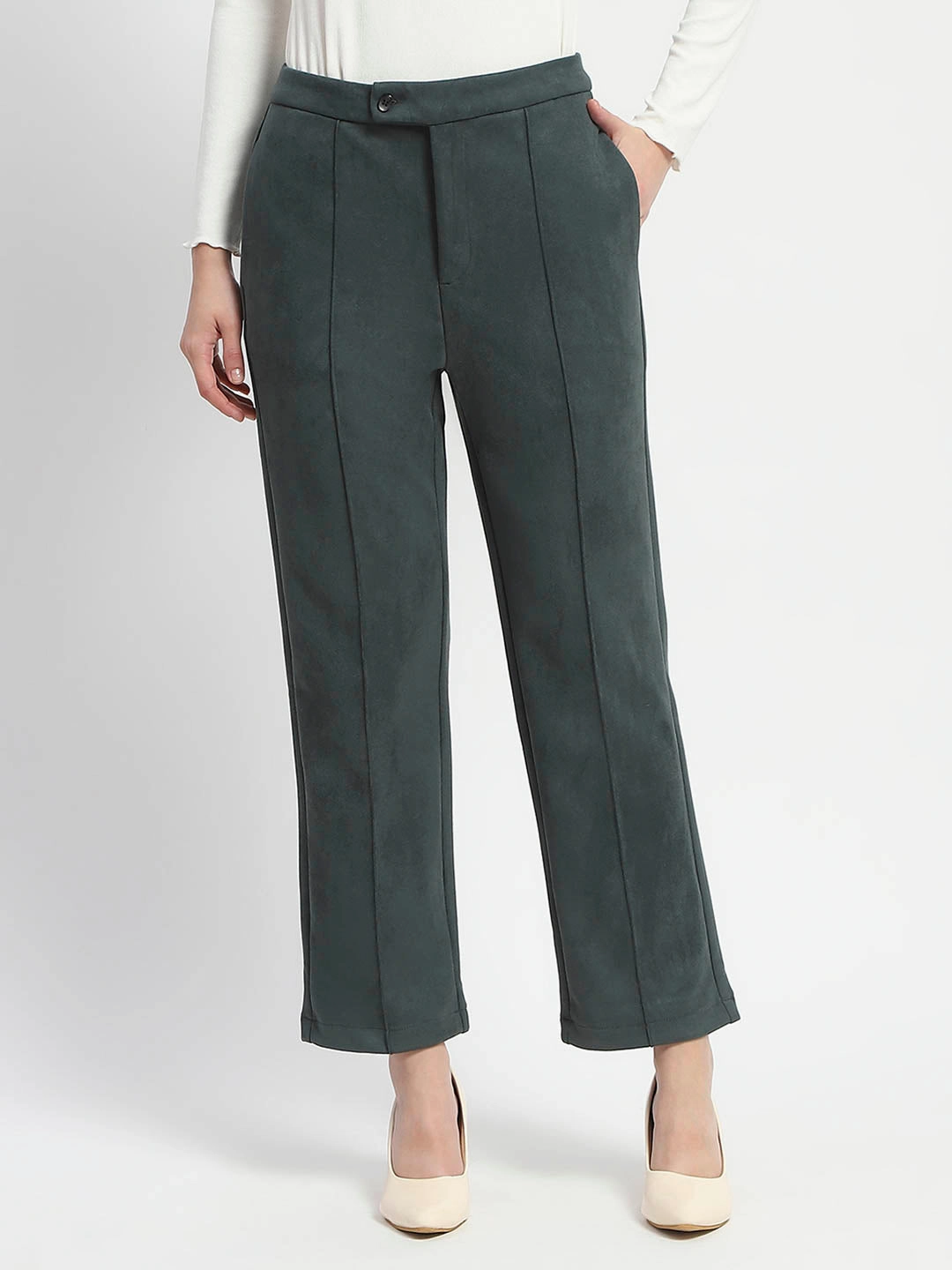 Madame Solid Green Pleated Gurkha Trousers FunctionalZipper Thermal Regulating