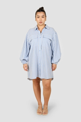 Soft Lines summer breeze RORAN BUTTON DRESS BLUE GINGHAM