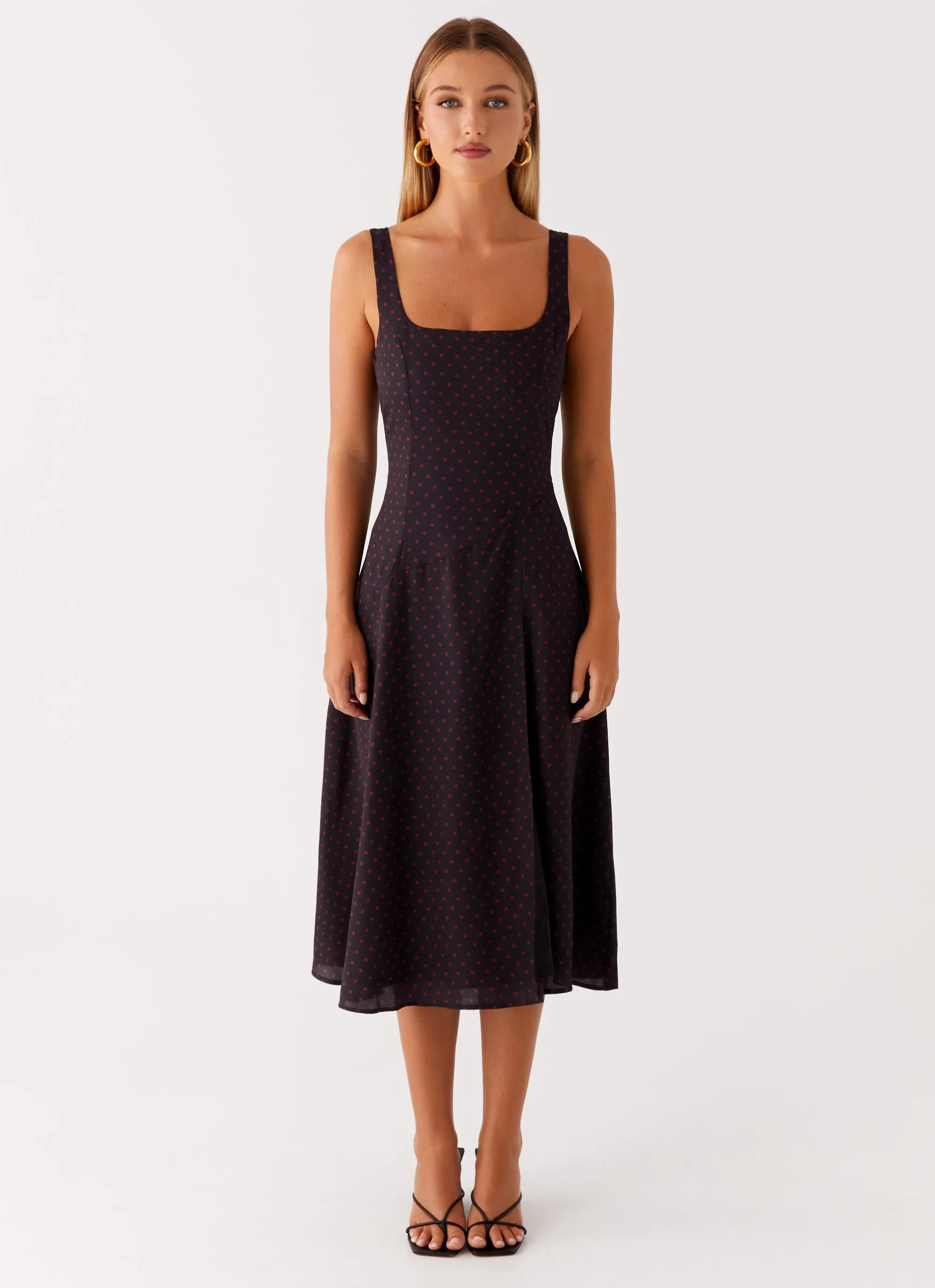 Hidden-Pocket Luxe Fabric Rowyn Midi Dress - Black Polka Dot